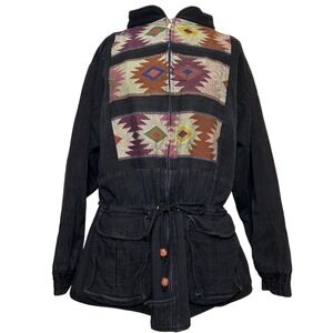 Vintage Boho Tribal Aztec Print Utility Jacket Black Drawstring Waist Women's XL